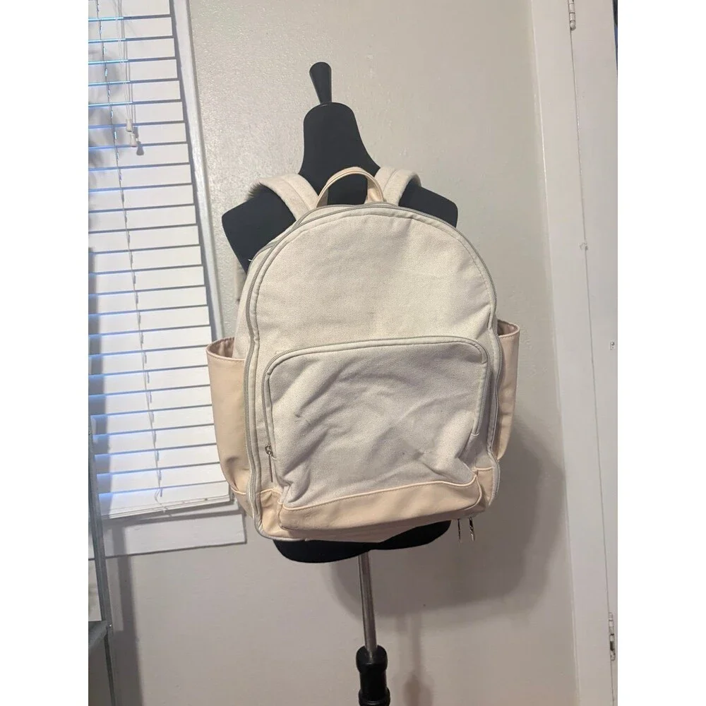 BEIS 'The Backpack' Carry on travel backpack in beige canvas and leather